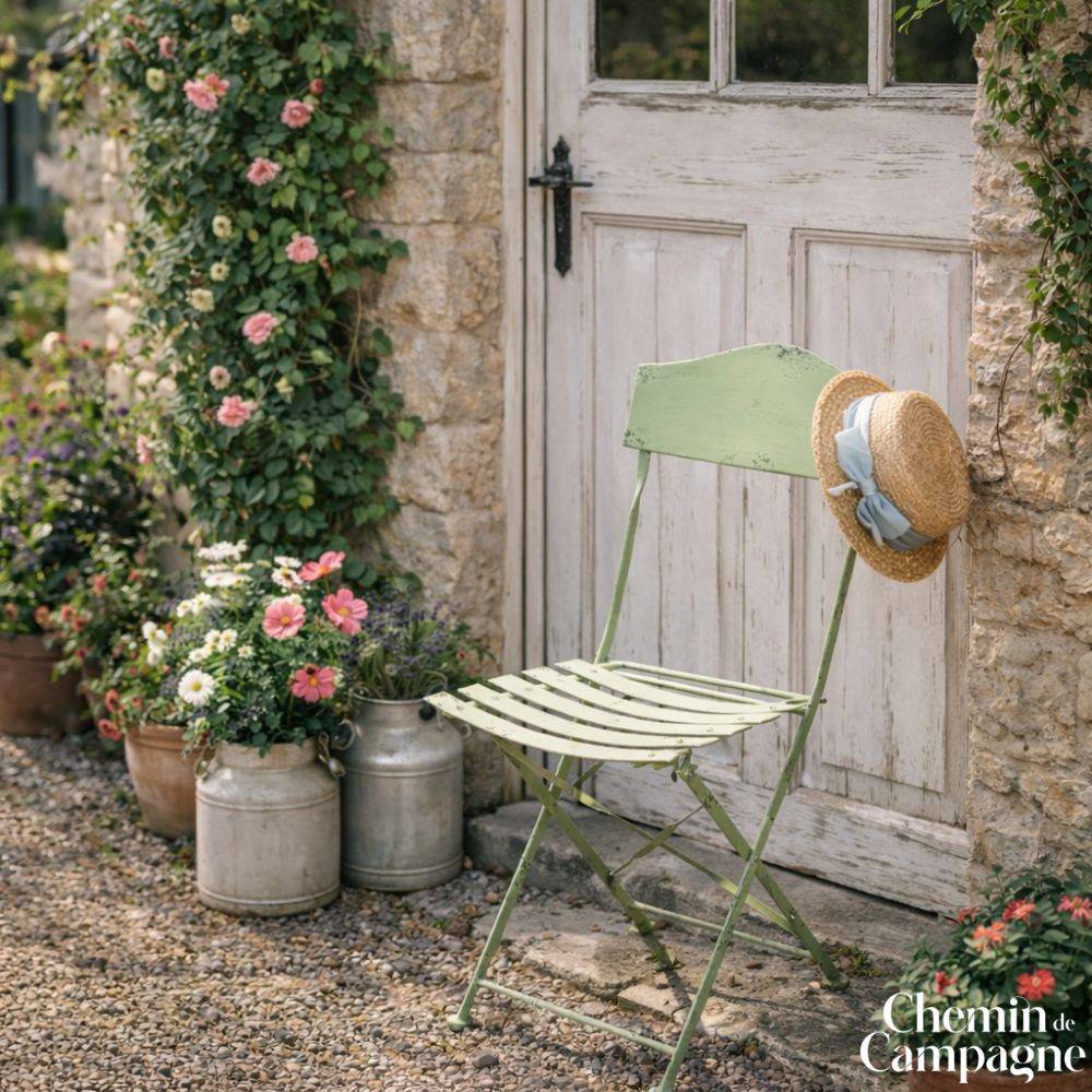Chemin De Campagne - ~ Chaise pliante de jardin extérieur ancien métal vert 88cm Chemin de campagne - Image 2