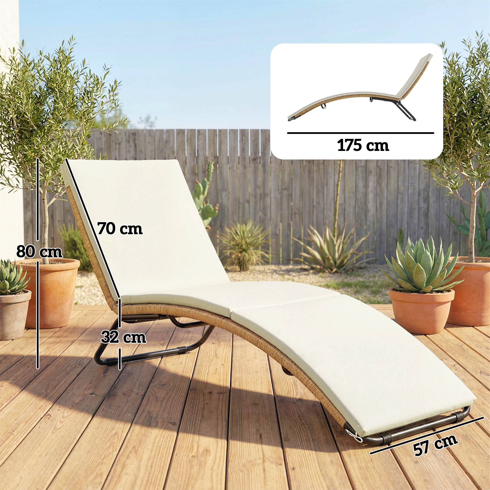 ComfortXL - Bain de soleil transat résine tressée jardin terrasse ergonomique avec coussin 175x57x80cm crème - ComfortXL Outdoor Living - Image 5