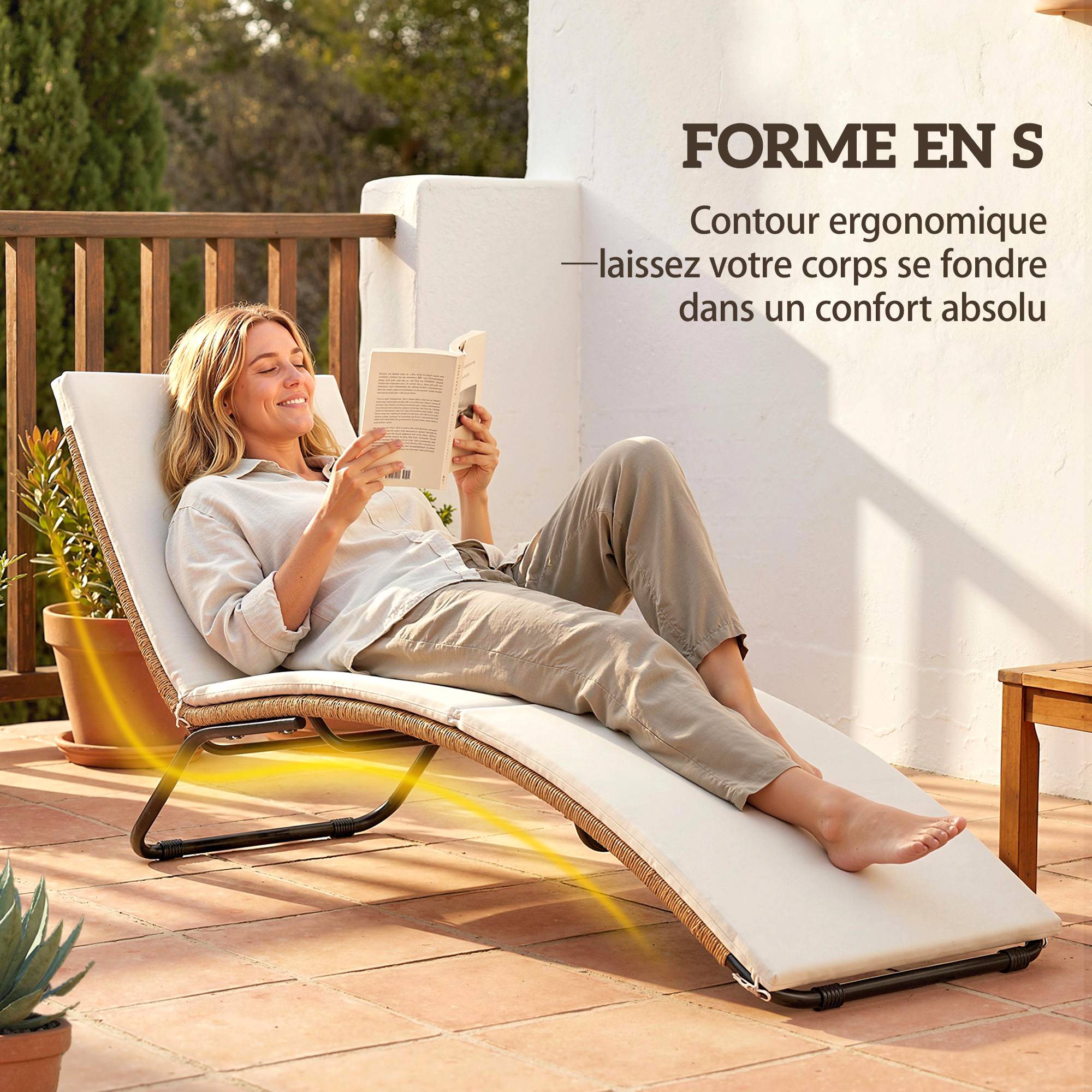 ComfortXL - Bain de soleil transat résine tressée jardin terrasse ergonomique avec coussin 175x57x80cm crème - ComfortXL Outdoor Living - Image 6
