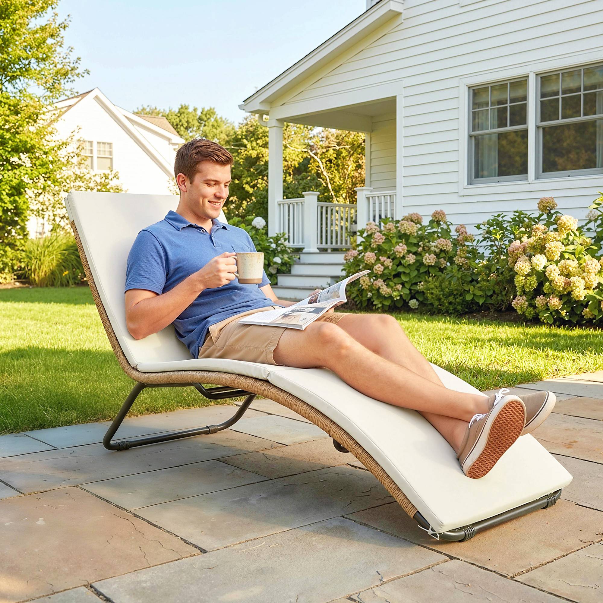 ComfortXL - Bain de soleil transat résine tressée jardin terrasse ergonomique avec coussin 175x57x80cm crème - ComfortXL Outdoor Living - Image 3