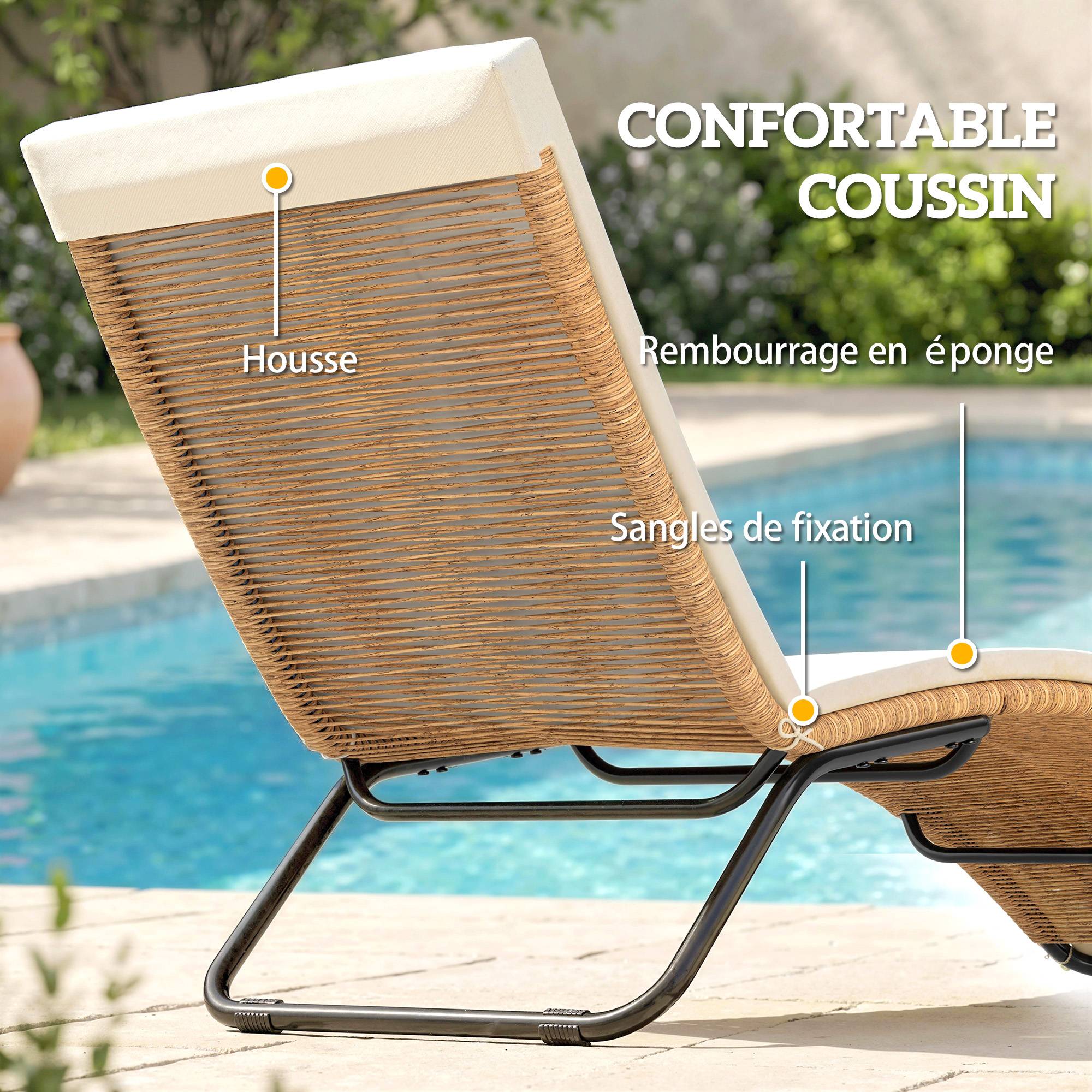 ComfortXL - Bain de soleil transat résine tressée jardin terrasse ergonomique avec coussin 175x57x80cm crème - ComfortXL Outdoor Living - Image 8