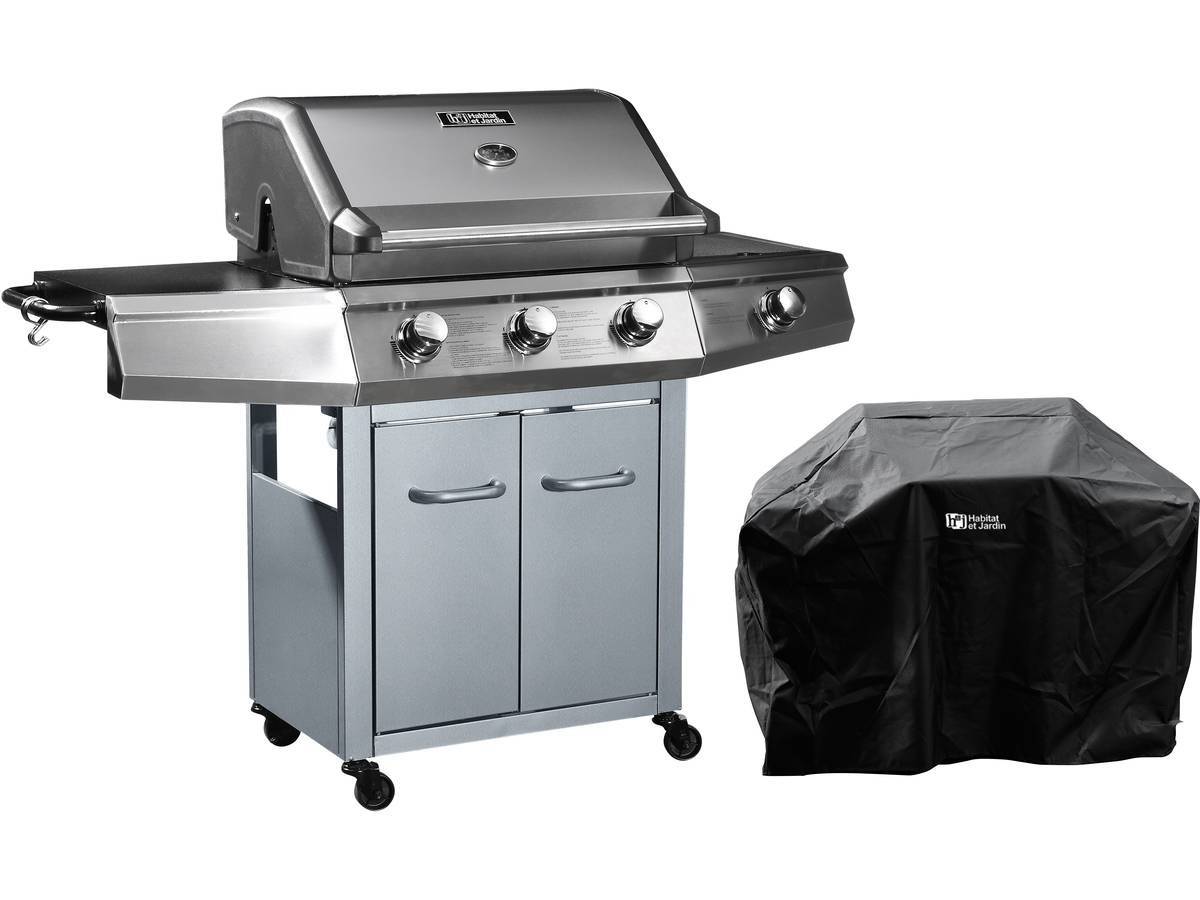 Barbecue Gaz "bingo 4" - 4 Brûleurs Dont 1 Latéral - 14kw + Housse Protection - Argenté -habitat Et Jardin