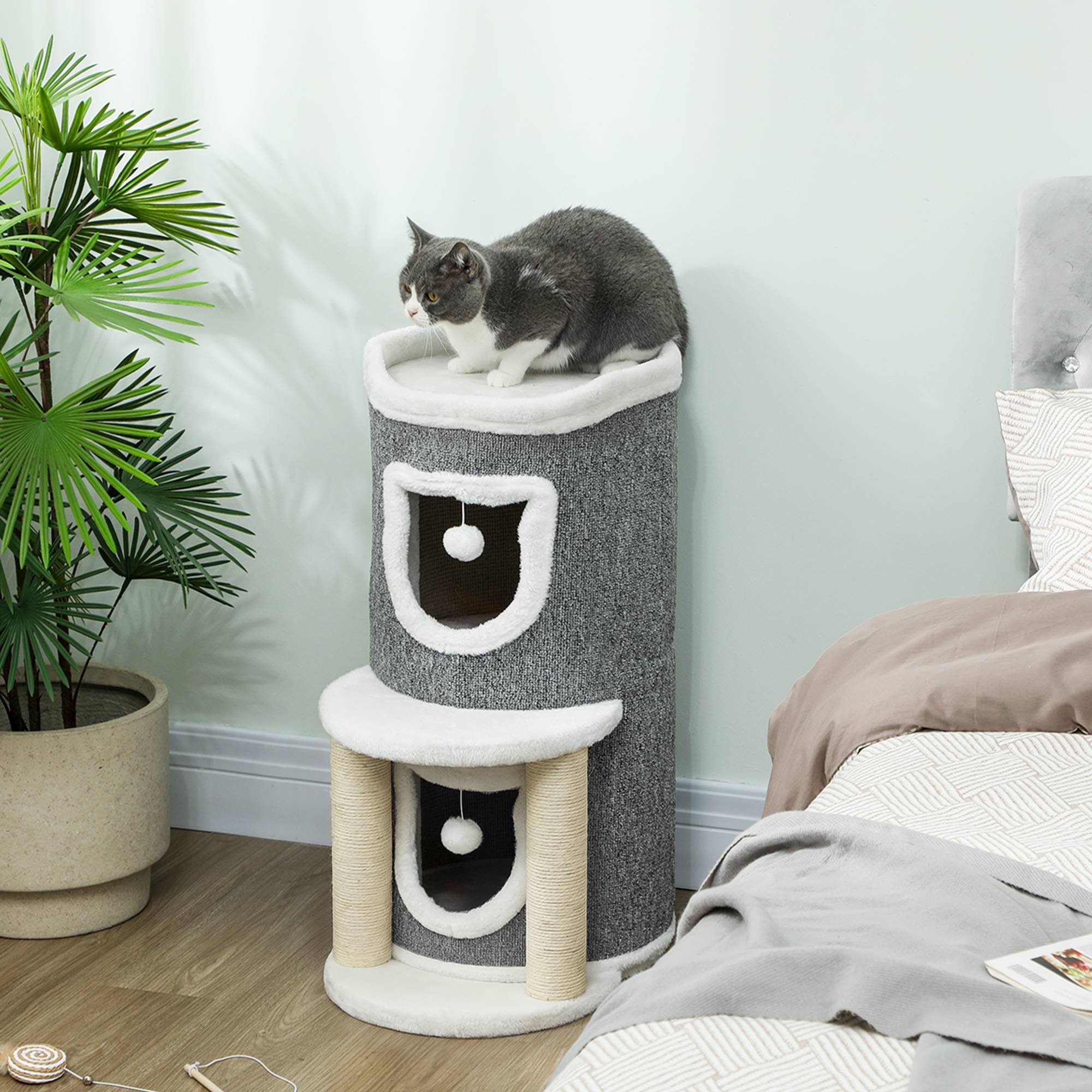Arbre à Chat Design avec 2 Niches Lit et Griffoirs en Sisal 76 cm Gris - ComfortXL Outdoor Living - Image 3