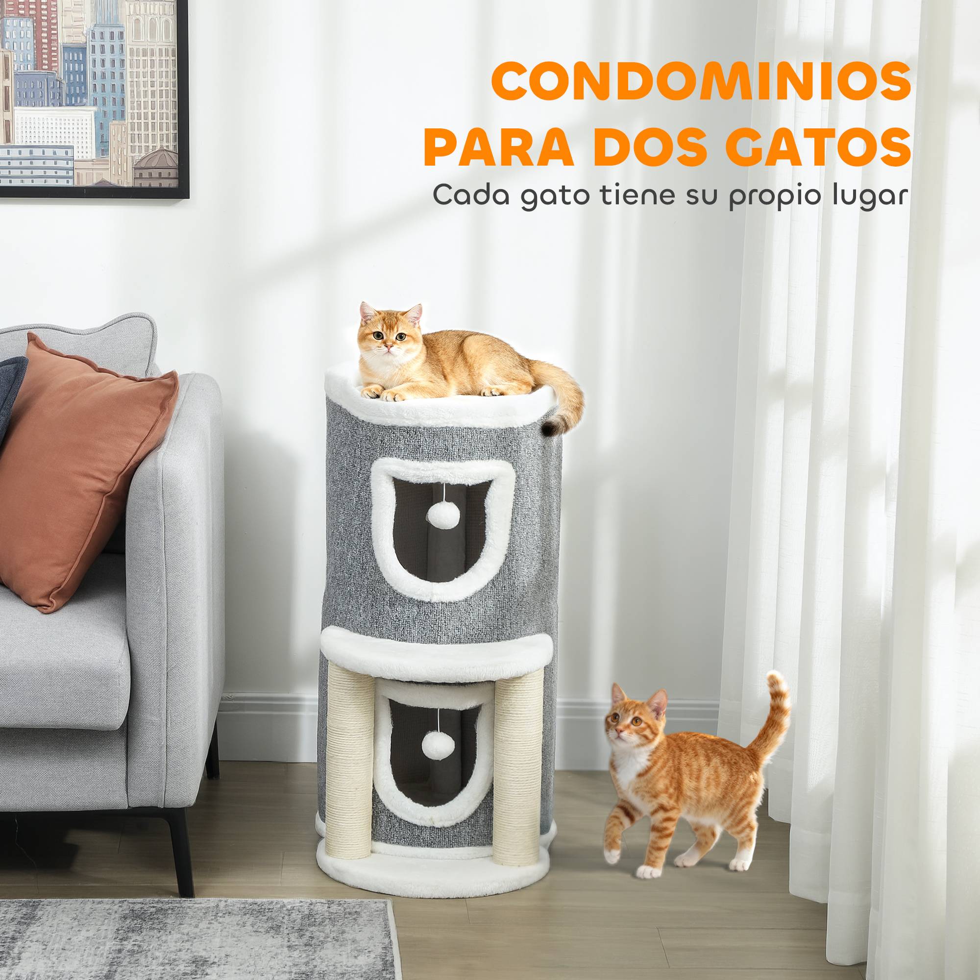 Arbre à Chat Design avec 2 Niches Lit et Griffoirs en Sisal 76 cm Gris - ComfortXL Outdoor Living - Image 7