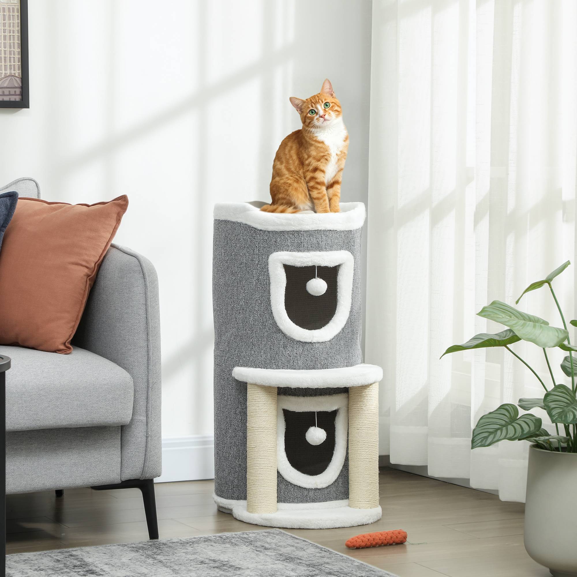 Arbre à Chat Design avec 2 Niches Lit et Griffoirs en Sisal 76 cm Gris - ComfortXL Outdoor Living - Image 4