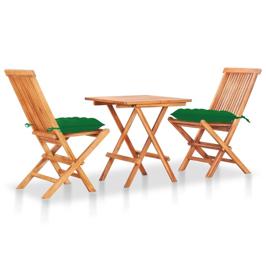 Ensemble de bistro jardin meuble extérieur terrasse 3 pièces avec coussins vert bois de teck massif - Image 1
