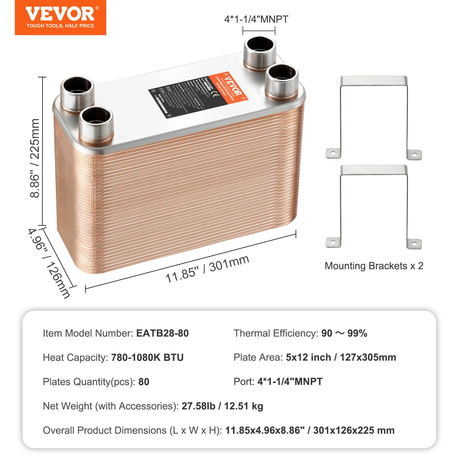 Vevor - VEVOR Échangeur chaleur plaques brasées, 80 plaques, 127x305 mm. Cuivre/inox 316L, chauffage sol, eau. - Image 7