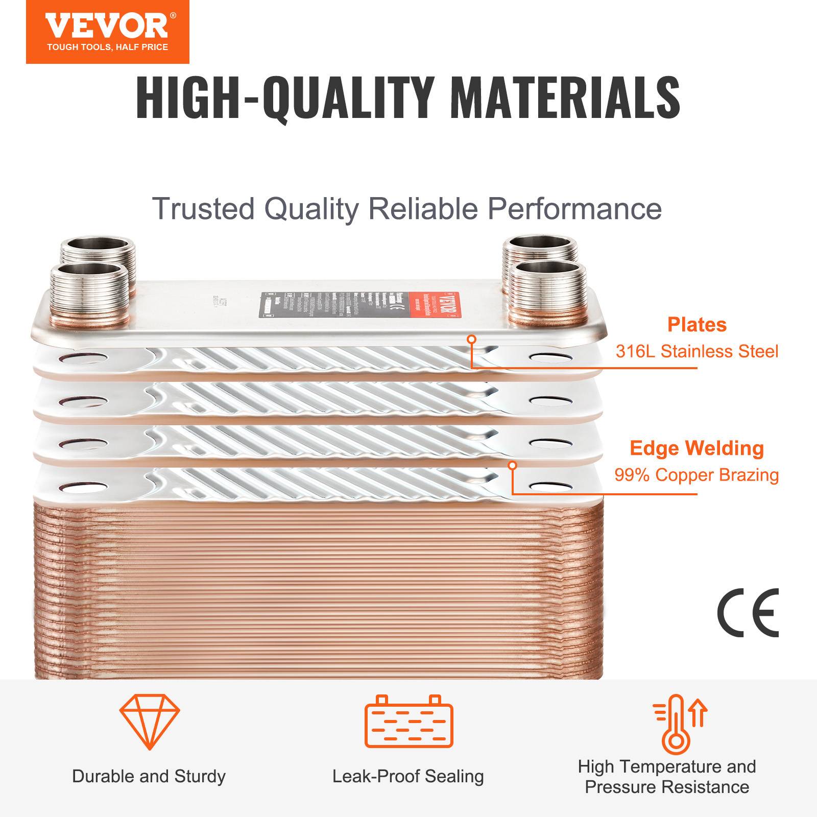 Vevor - VEVOR Échangeur chaleur plaques brasées, 80 plaques, 127x305 mm. Cuivre/inox 316L, chauffage sol, eau. - Image 2
