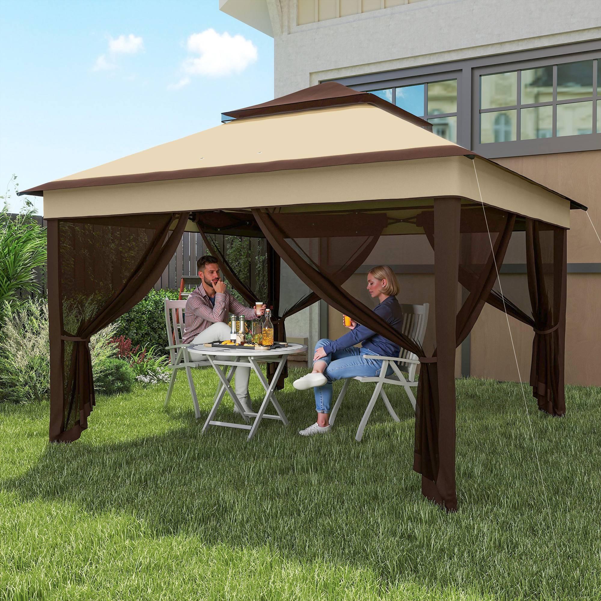 Tente beige 3,26x3,26x2,72 m avec double toit, UV30+ et moustiquaires, abri design sobre pour jardin pratique et protégé - Image 3