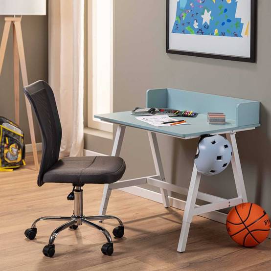 Bureau enfant réglable en hauteur en MDF plateau bleu et piètement métal laqué blanc - ELION - Image 6