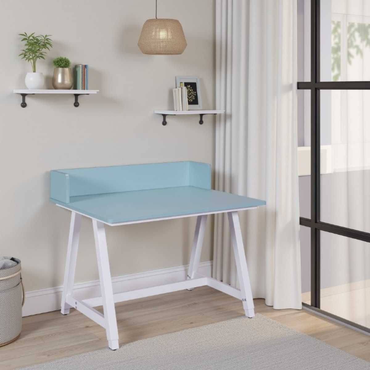 Bureau enfant réglable en hauteur en MDF plateau bleu et piètement métal laqué blanc - ELION - Image 2
