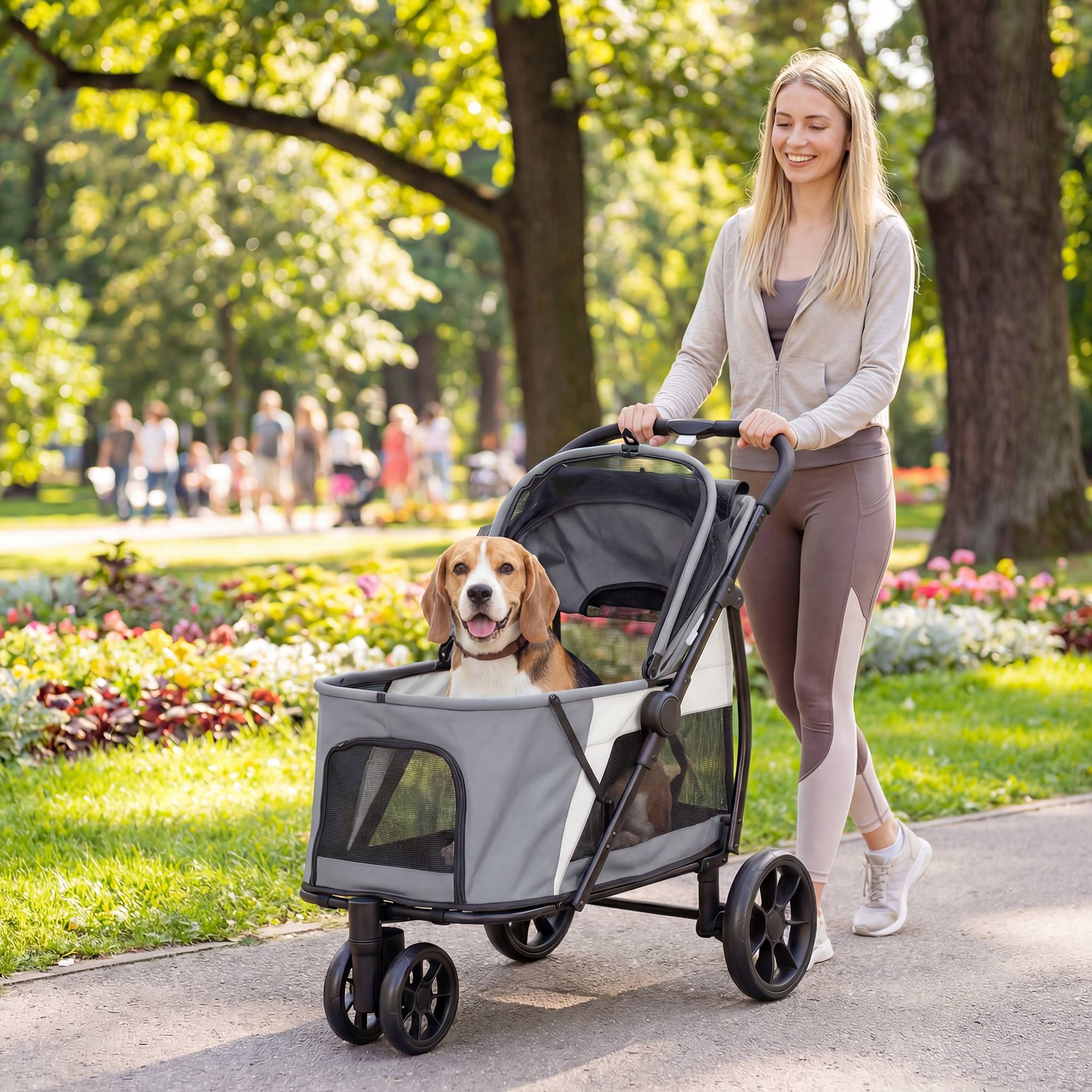 Sans Marque - Poussette pliable chien coussin lavable fenêtres filet 3 roues chiens taille moyenne 20 kg grise - Image 3