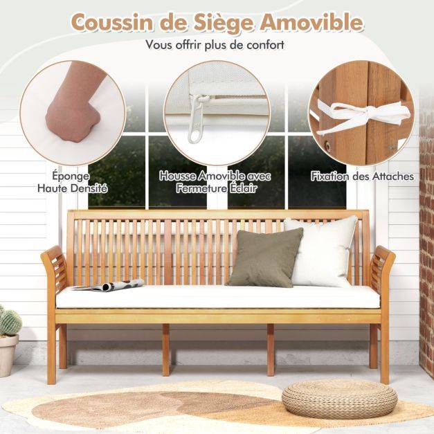 Helloshop26 - Banc de jardin terrasse en bois 3 places banc en acacia de 159 cm de long avec coussins d'assise doux dossier et accoudoirs ergonomiques blanc - Image 3