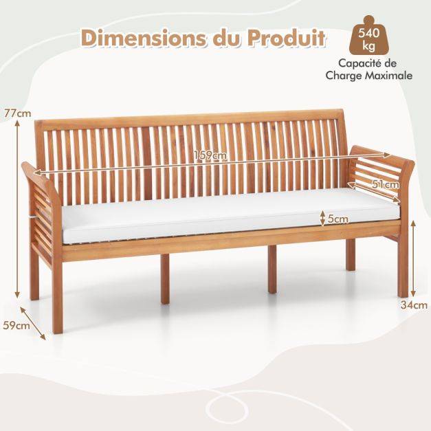 Helloshop26 - Banc de jardin terrasse en bois 3 places banc en acacia de 159 cm de long avec coussins d'assise doux dossier et accoudoirs ergonomiques blanc - Image 5