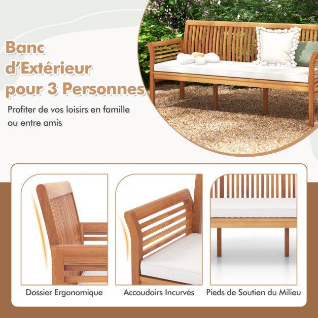 Helloshop26 - Banc de jardin terrasse en bois 3 places banc en acacia de 159 cm de long avec coussins d'assise doux dossier et accoudoirs ergonomiques blanc - Image 2