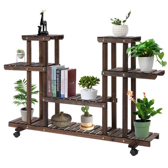 Sans Marque - Support plantes 6 étagères 4 roulettes 123,5x33x80 cm bois massif marron - Image 2