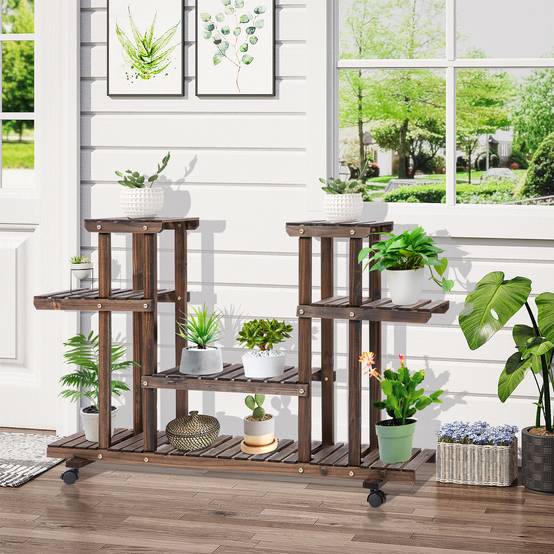 Sans Marque - Support plantes 6 étagères 4 roulettes 123,5x33x80 cm bois massif marron - Image 3