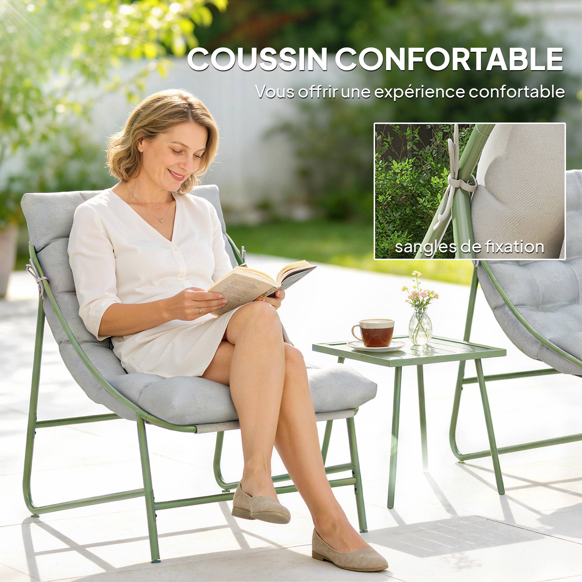 Outsunny - Ensemble bistrot de jardin 2 chaises, table basse et coussins - métal - 3 pièces - gris clair - Outsunny - Image 8
