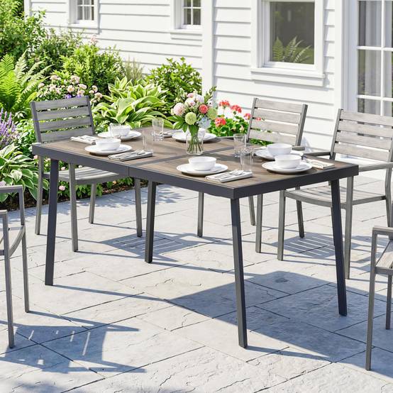 Sans Marque - Table jardin rectangulaire 6 personnes plateau effet bois acier PSPC 145x85x72 cm grise - Image 3