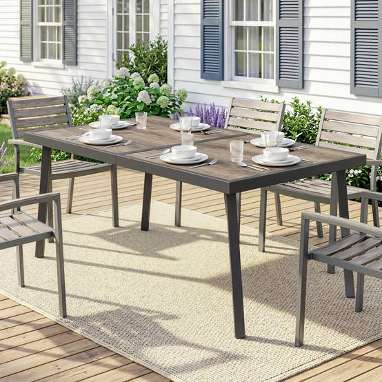 Sans Marque - Table jardin rectangulaire 6 personnes plateau effet bois acier PSPC 145x85x72 cm grise - Image 4