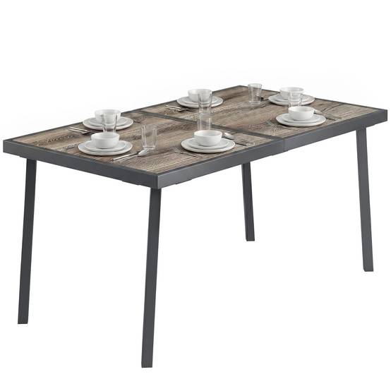 Sans Marque - Table jardin rectangulaire 6 personnes plateau effet bois acier PSPC 145x85x72 cm grise - Image 1