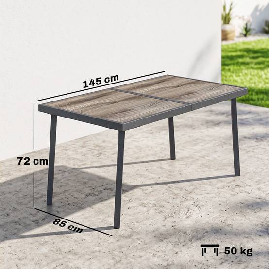 Sans Marque - Table jardin rectangulaire 6 personnes plateau effet bois acier PSPC 145x85x72 cm grise - Image 5