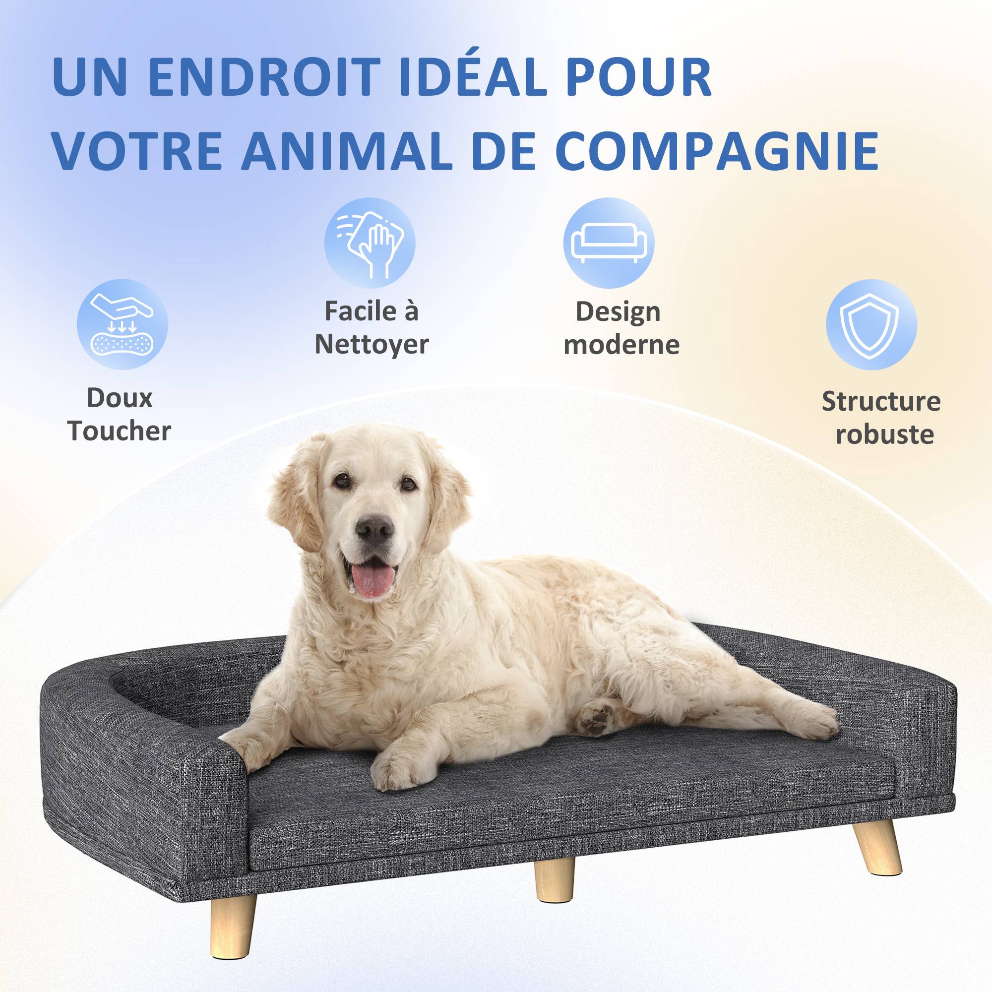 Canapé Chien Grand Lit surélevé pour Chien Coussin Lavable Cadre en Bois Tissu Polyester 98 x 67 x 25 cm Gris Foncé - Image 9