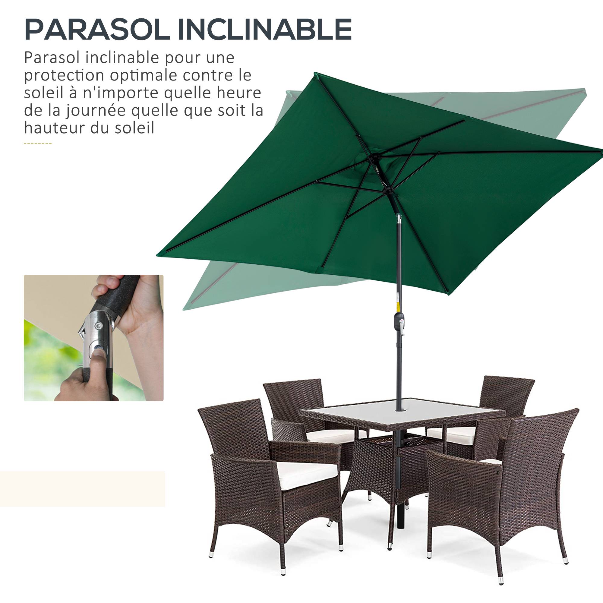 Parasol inclinable rectangulaire aluminium polyester haute densité 3 x 2 m Vert fr341 - Image 6