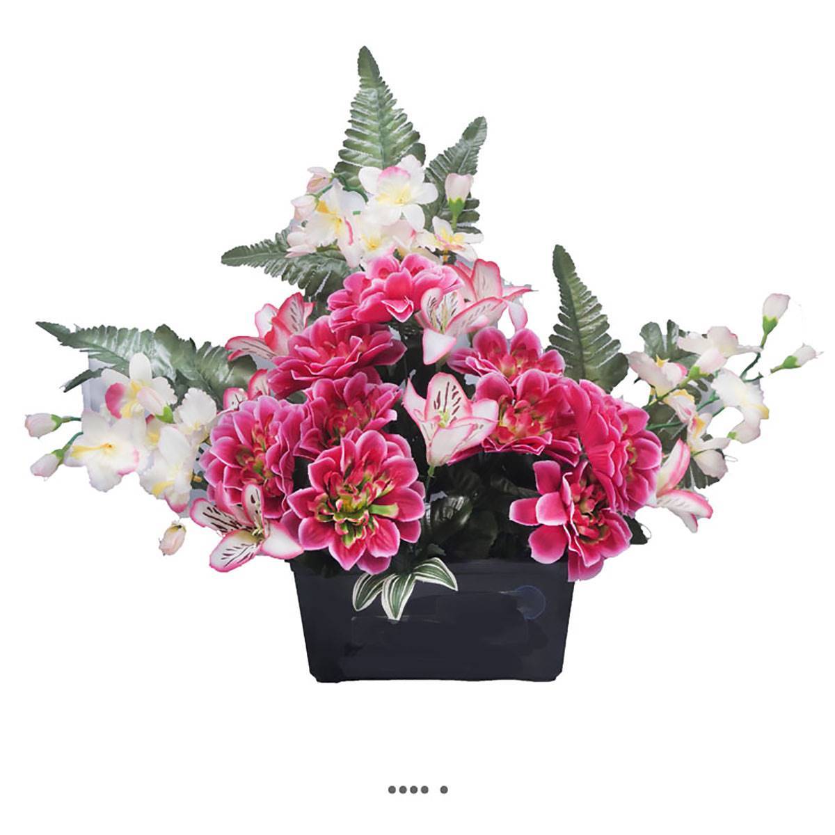 Artificielles - Jardinière fleurs artificielles cimetière dahlias et lys Rose fushia - couleur: Rose fushia 730 - Image 1