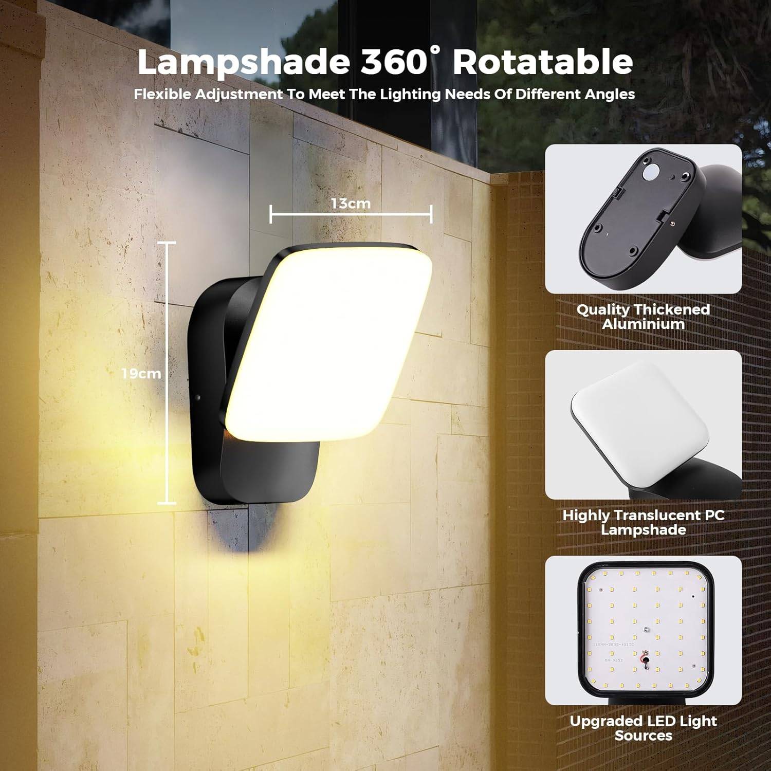8 in 1 - Applique murale extérieure LED étanche IP65, 3000K, panneau en aluminium pivotant à 360°, idéale pour terrasse,jardin ou garage. - Image 4