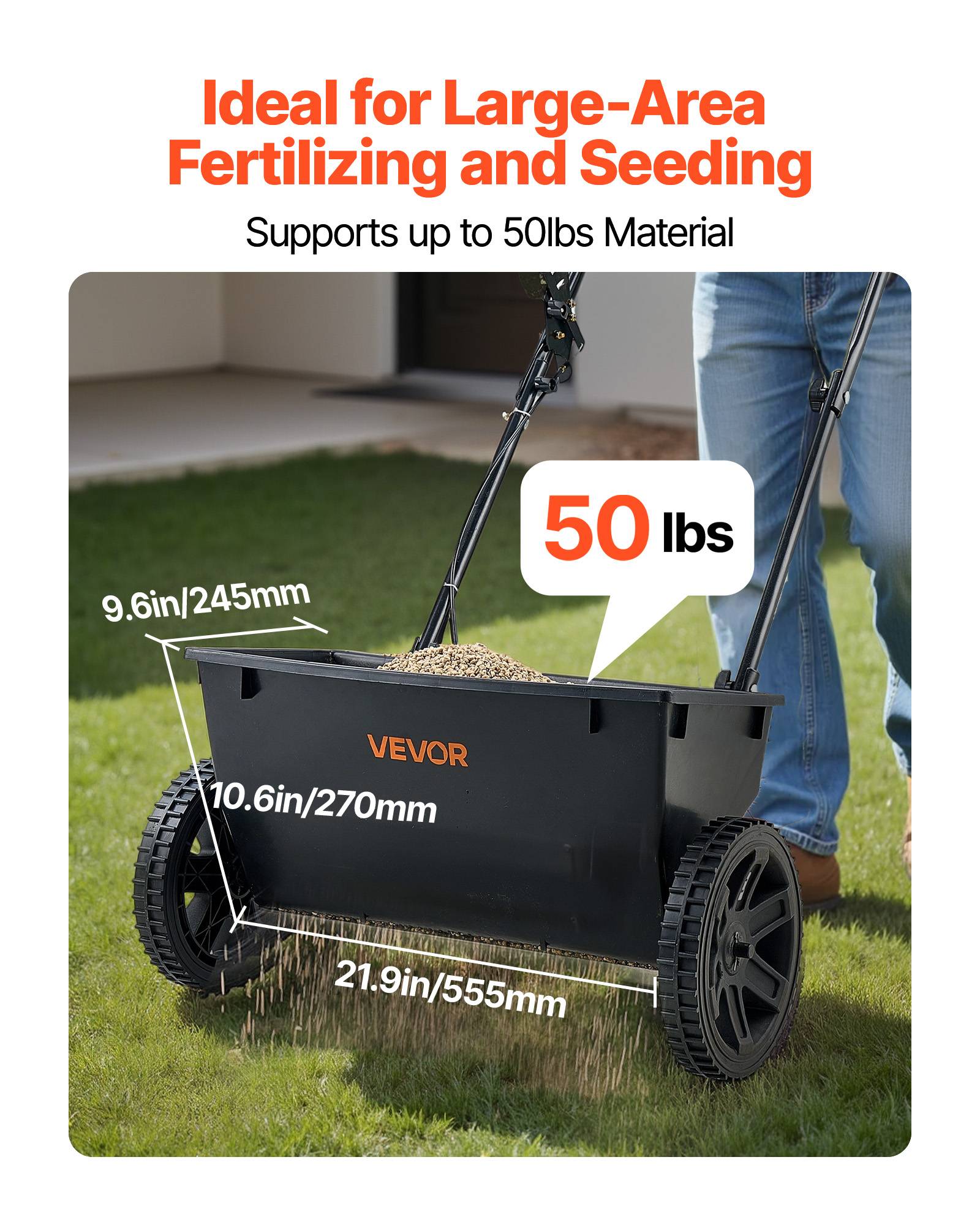 VEVOR Épandeur Engrais Semence Semoir à Pousser Capacité 22,6 kg Épandage 46 cm - Image 3