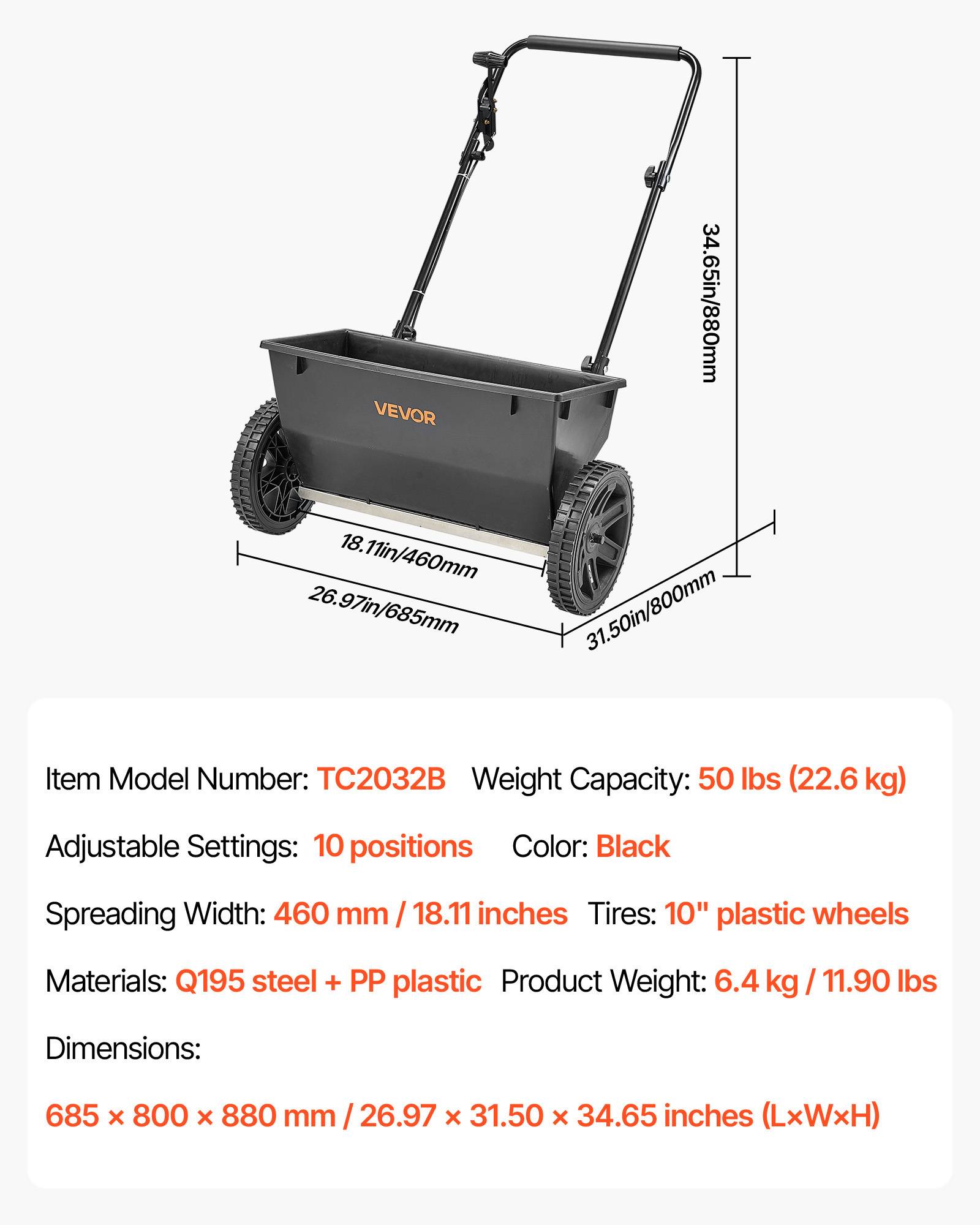 VEVOR Épandeur Engrais Semence Semoir à Pousser Capacité 22,6 kg Épandage 46 cm - Image 7