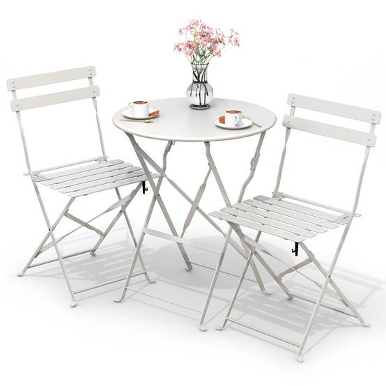 Vounot - Ensemble bistro extérieur 1 table 2 chaises acier blanc - Image 1