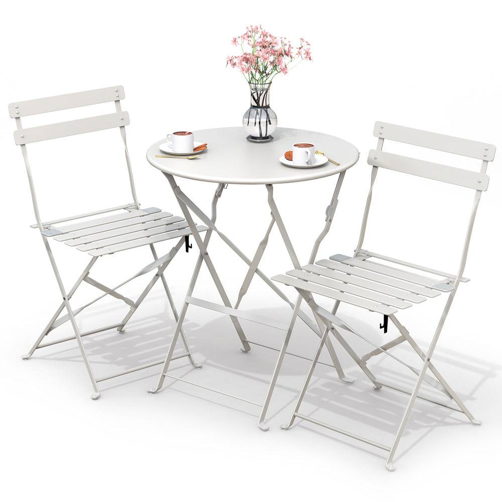 Vounot - Ensemble bistro extérieur 1 table 2 chaises acier blanc - Image 1