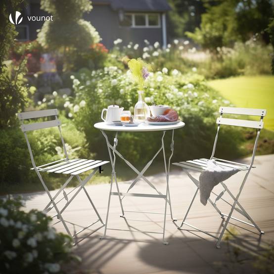 Vounot - Ensemble bistro extérieur 1 table 2 chaises acier blanc - Image 2