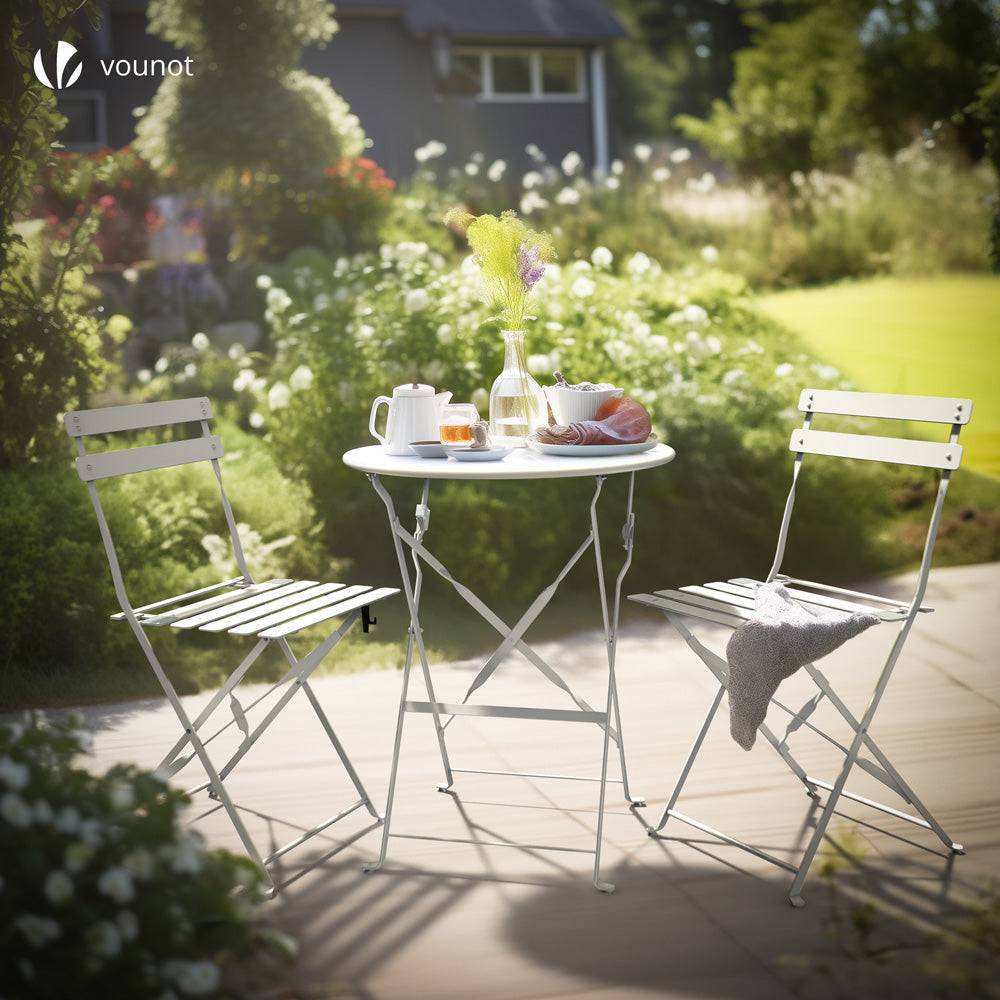 Vounot - Ensemble bistro extérieur 1 table 2 chaises acier blanc - Image 2