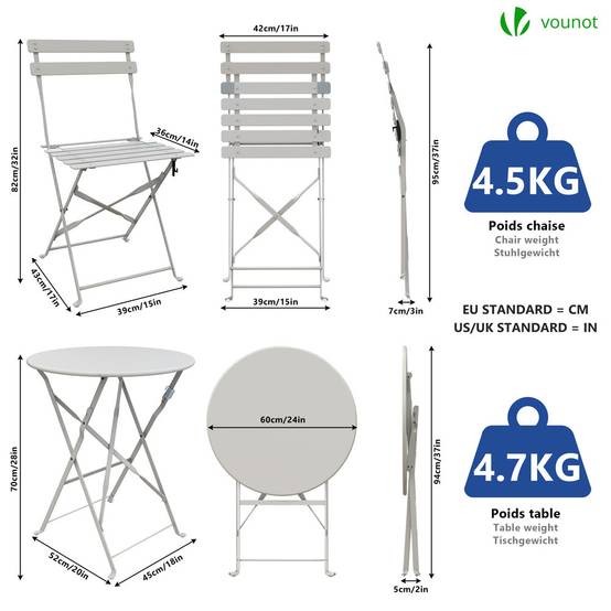Vounot - Ensemble bistro extérieur 1 table 2 chaises acier blanc - Image 4