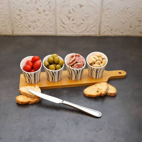 ~ Set apéritif tapas 4 verrines bambou et céramique blanc et marron 34.5 x 8 cm Chemin de campagne - Image 3