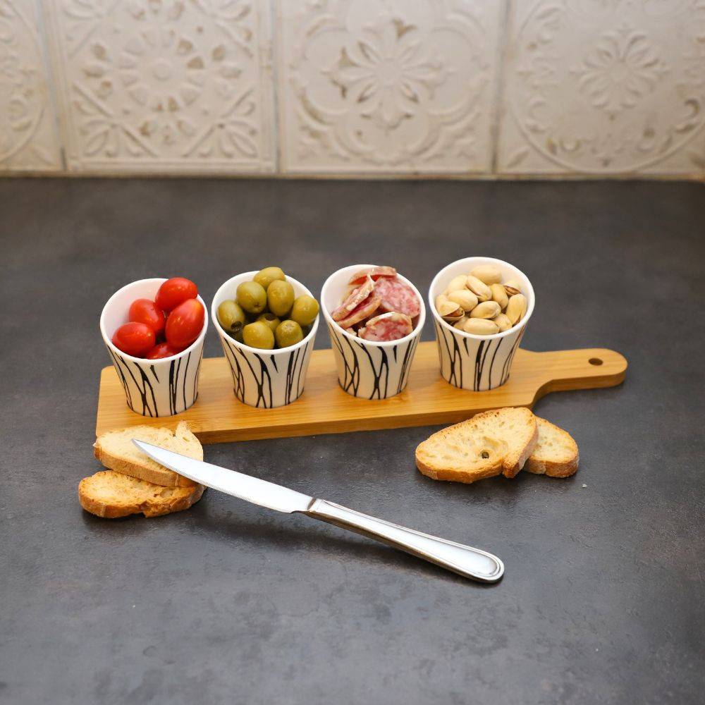 ~ Set apéritif tapas 4 verrines bambou et céramique blanc et marron 34.5 x 8 cm Chemin de campagne - Image 3