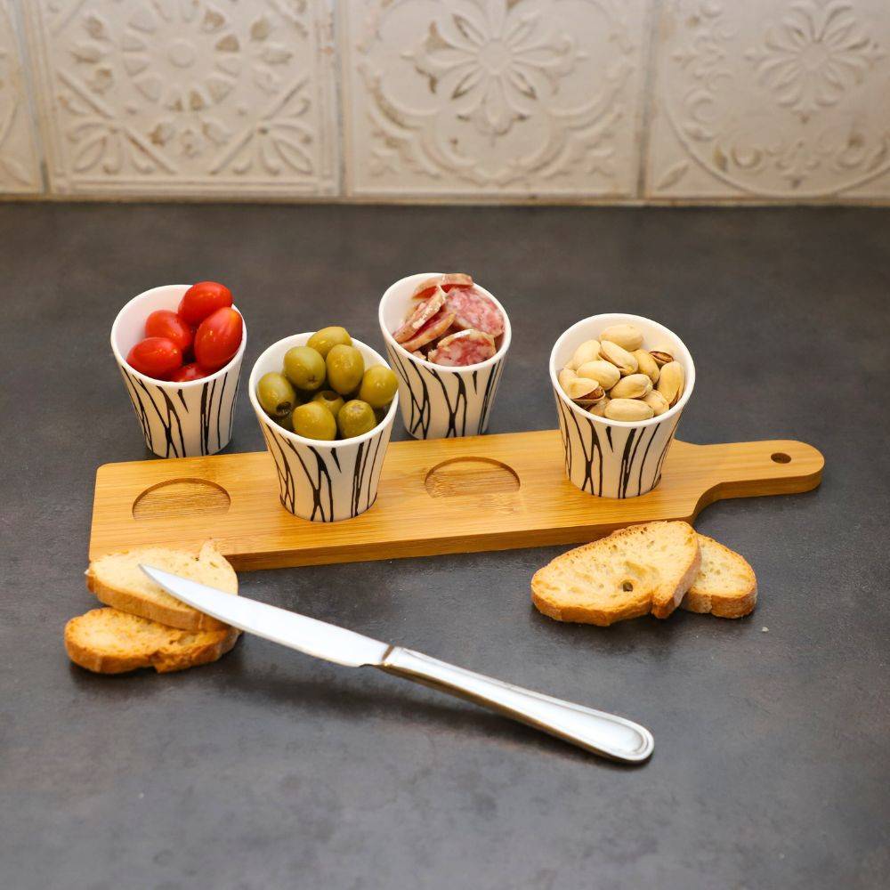~ Set apéritif tapas 4 verrines bambou et céramique blanc et marron 34.5 x 8 cm Chemin de campagne - Image 4