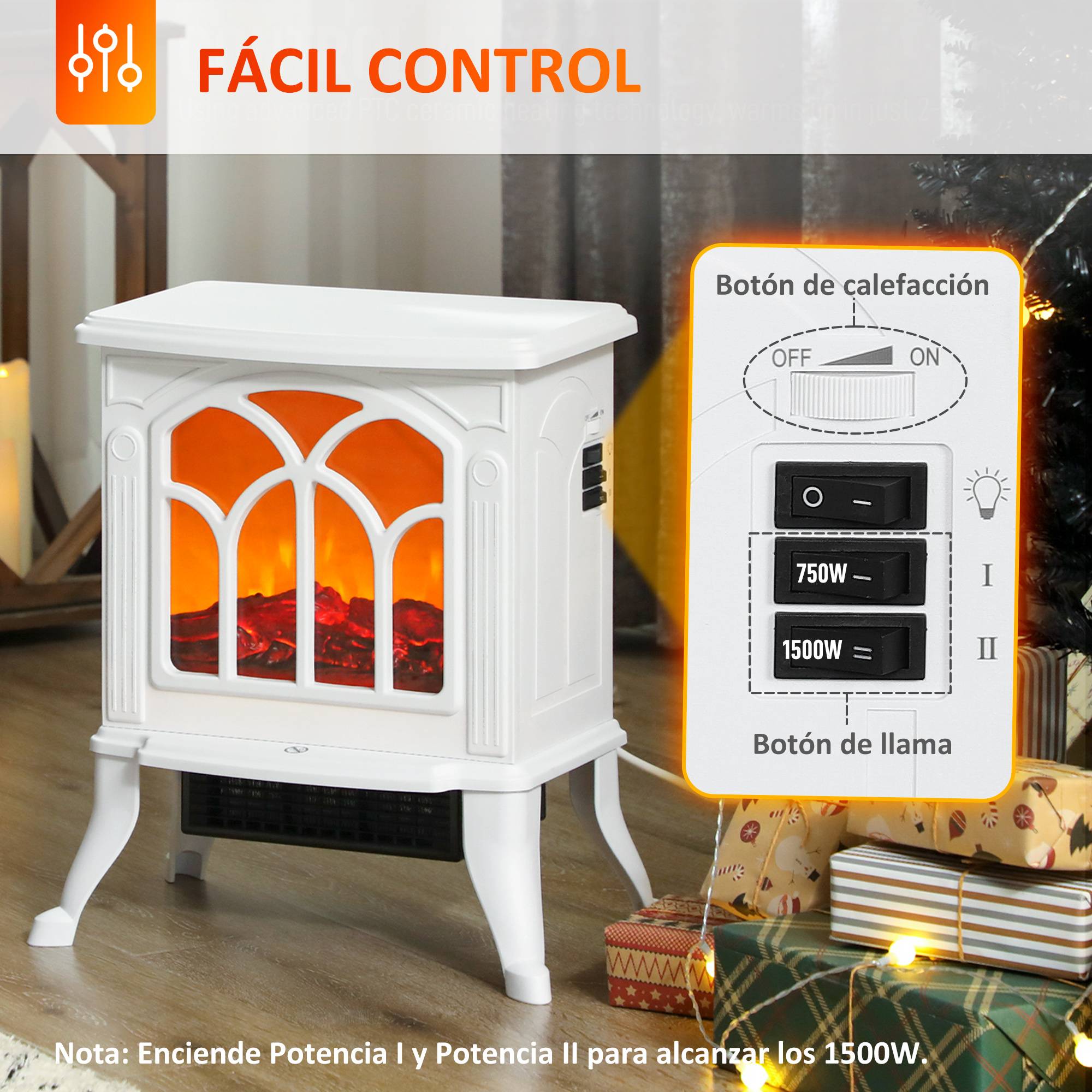 Cheminée électrique sur pied 750/1500W 2 niveaux puissance effet flamme couverture 15-20 m² blanc - Image 6
