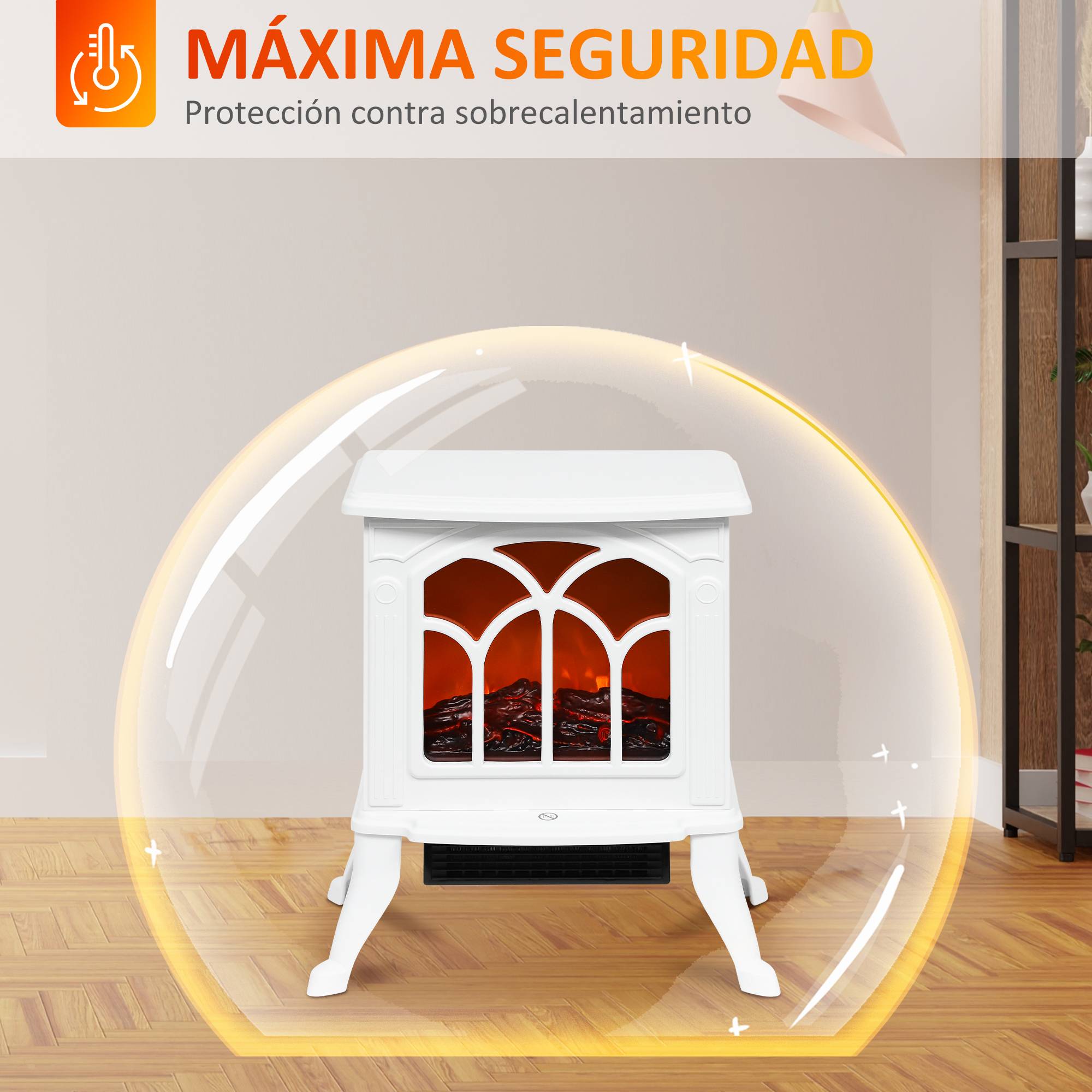 Cheminée électrique sur pied 750/1500W 2 niveaux puissance effet flamme couverture 15-20 m² blanc - Image 9