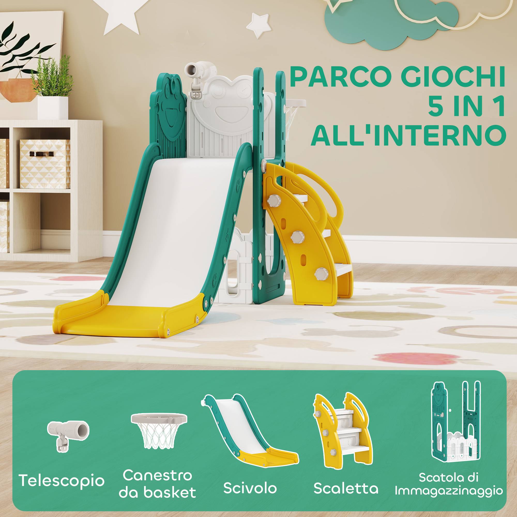 Ensemble de jeu 5 en 1 pour enfants avec toboggan, panier de basket, échelle et télescope jouet, 1 à 3 ans, jaune - Image 6