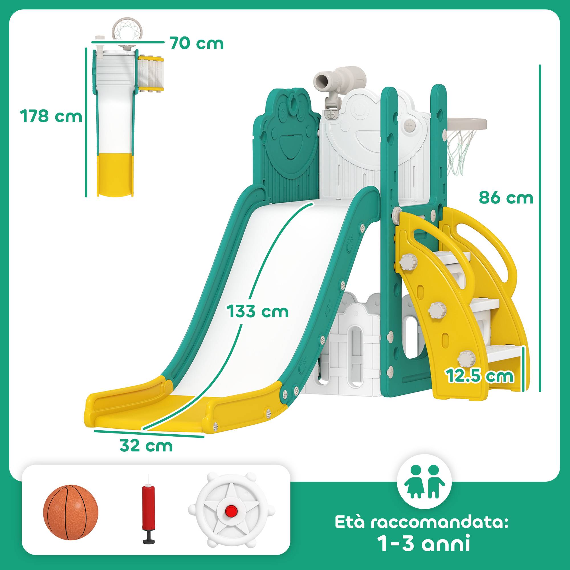 Ensemble de jeu 5 en 1 pour enfants avec toboggan, panier de basket, échelle et télescope jouet, 1 à 3 ans, jaune - Image 5