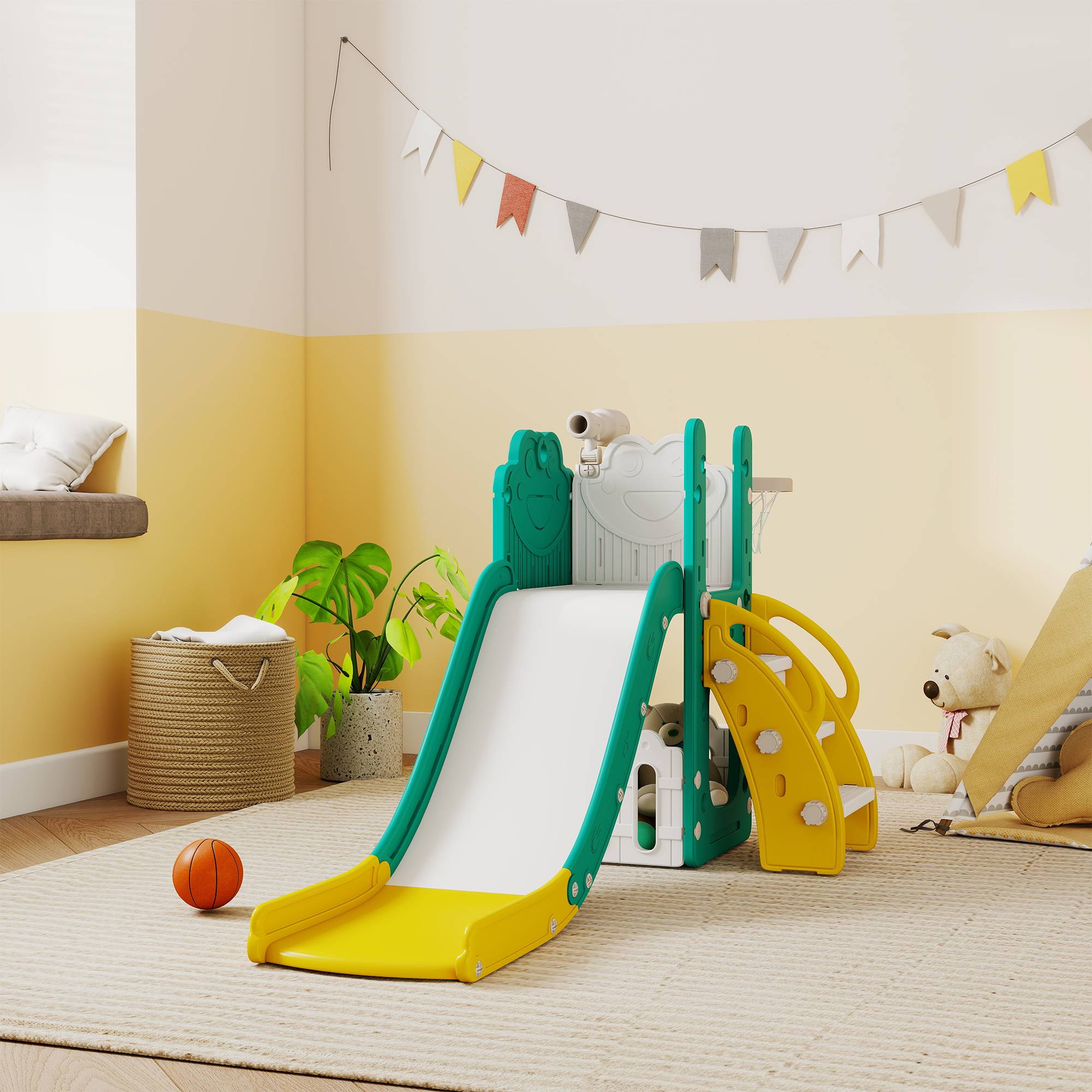 Ensemble de jeu 5 en 1 pour enfants avec toboggan, panier de basket, échelle et télescope jouet, 1 à 3 ans, jaune - Image 3