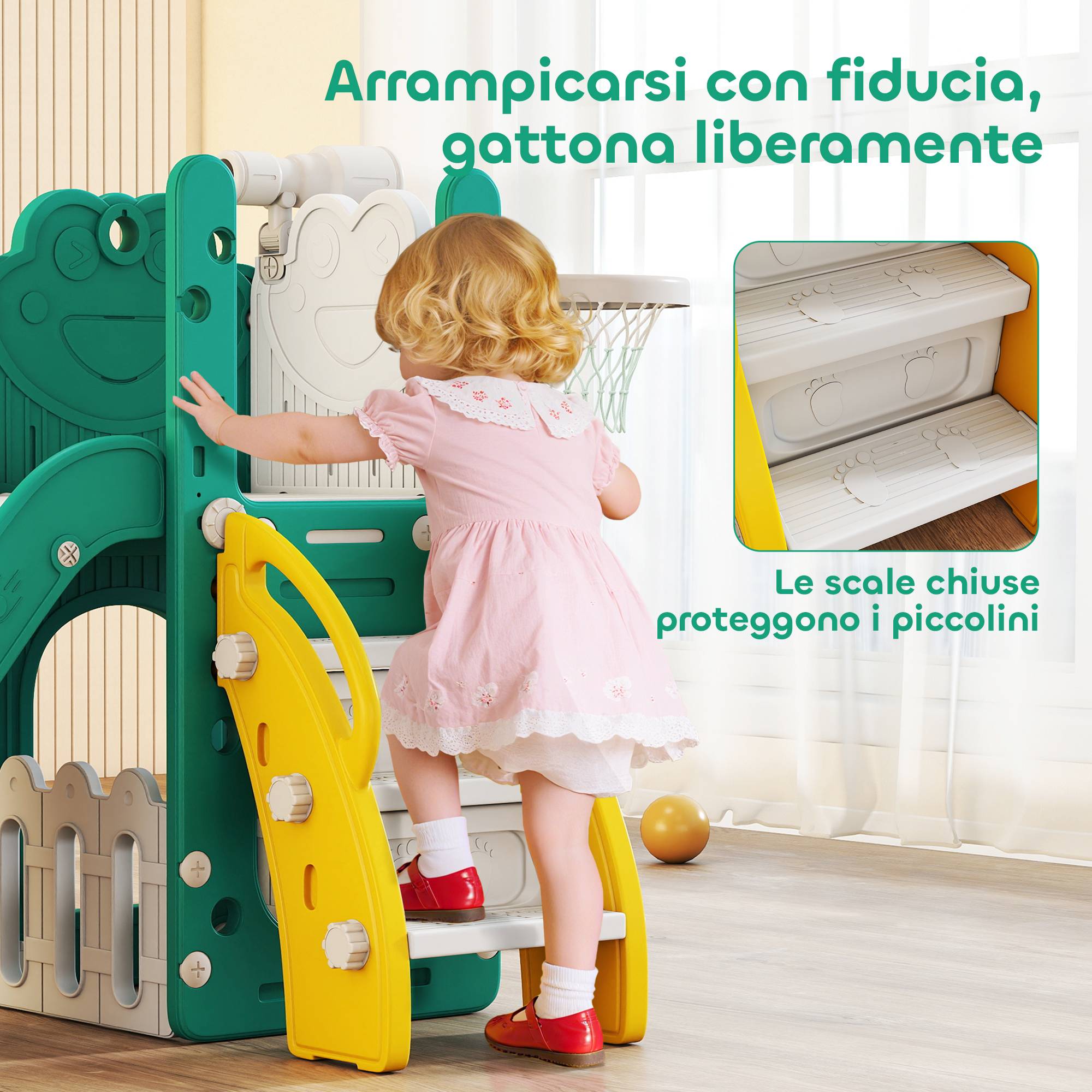 Ensemble de jeu 5 en 1 pour enfants avec toboggan, panier de basket, échelle et télescope jouet, 1 à 3 ans, jaune - Image 9