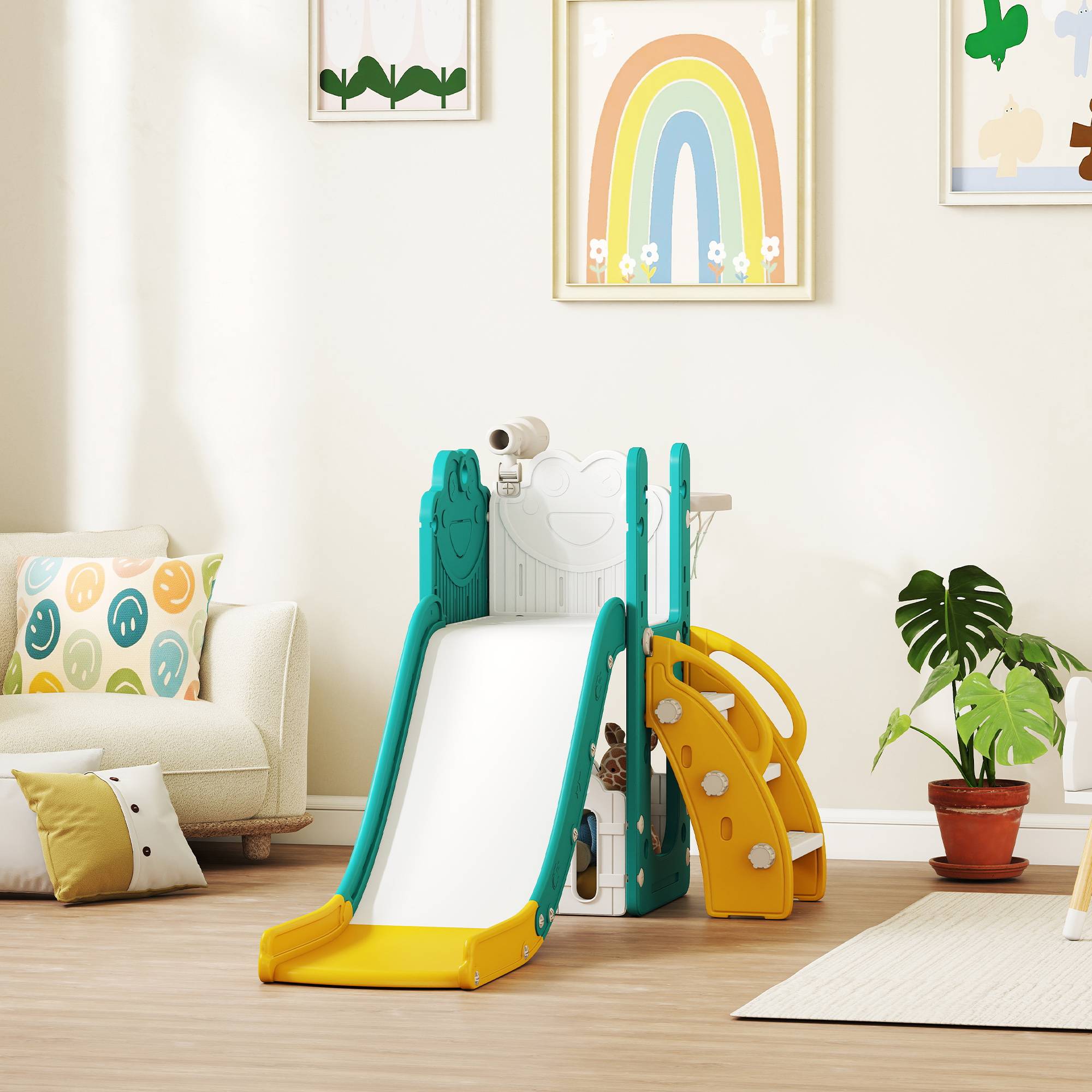 Ensemble de jeu 5 en 1 pour enfants avec toboggan, panier de basket, échelle et télescope jouet, 1 à 3 ans, jaune - Image 4
