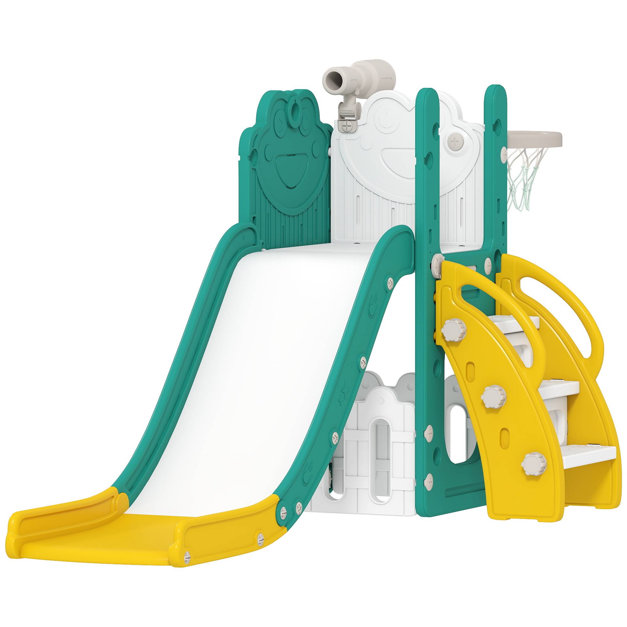 Ensemble de jeu 5 en 1 pour enfants avec toboggan, panier de basket, échelle et télescope jouet, 1 à 3 ans, jaune - Image 1