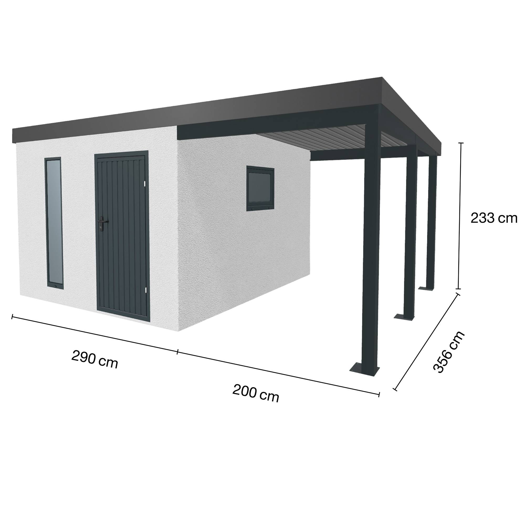 Abri de jardin en métal finition crépi 2900 x 3560 mm blanc avec auvent à droite 2000 x 3560 mm anthracite - Image 1
