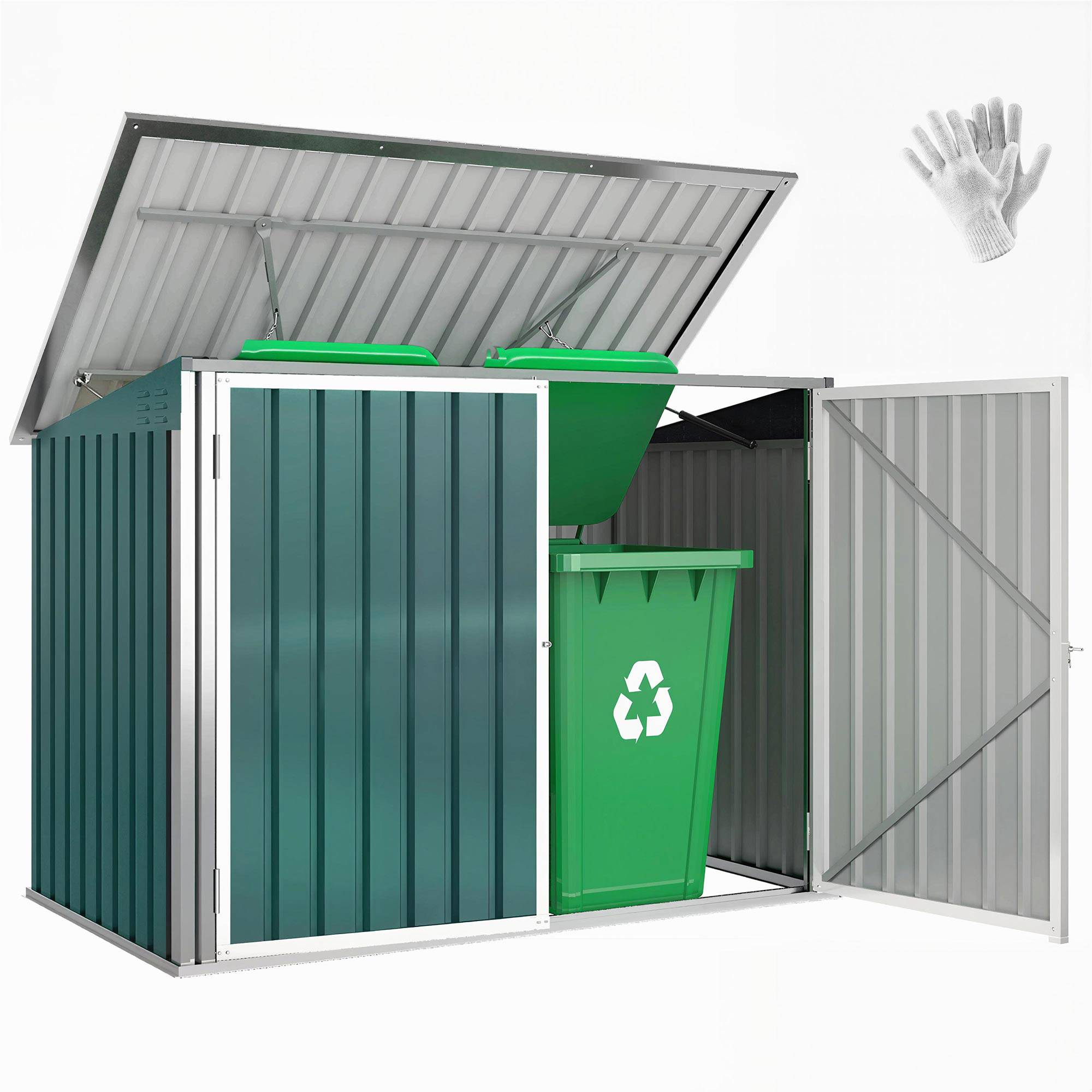 Sans Marque - Cache Poubelle Extérieur Acier Galvanisé 2 Poubelles Double Porte Couvercle Pneumatique 180x108x130cm Vert - Image 1